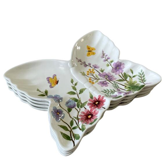 MAXCERA Spring Floral Butterfly Shaped Ceramic Dinner Plates 11x9 Set of 4 New - Picture 5 of 16